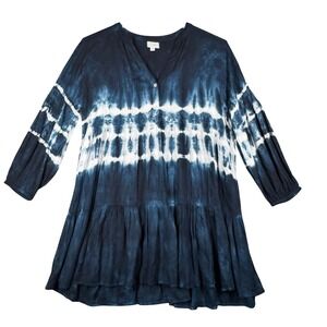 Mud Pie Dress Tie Dye Tiered Tunic Top 3/4 Sleeve Casual Blue White Size Small‎
